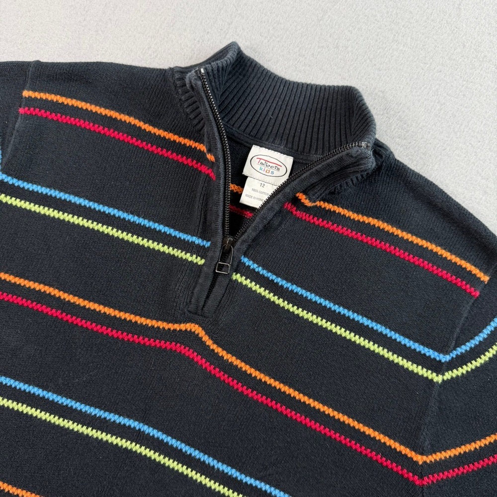 Talbots Vintage Kids Sweater Unisex 12 Black Striped Cotton Zip Mock